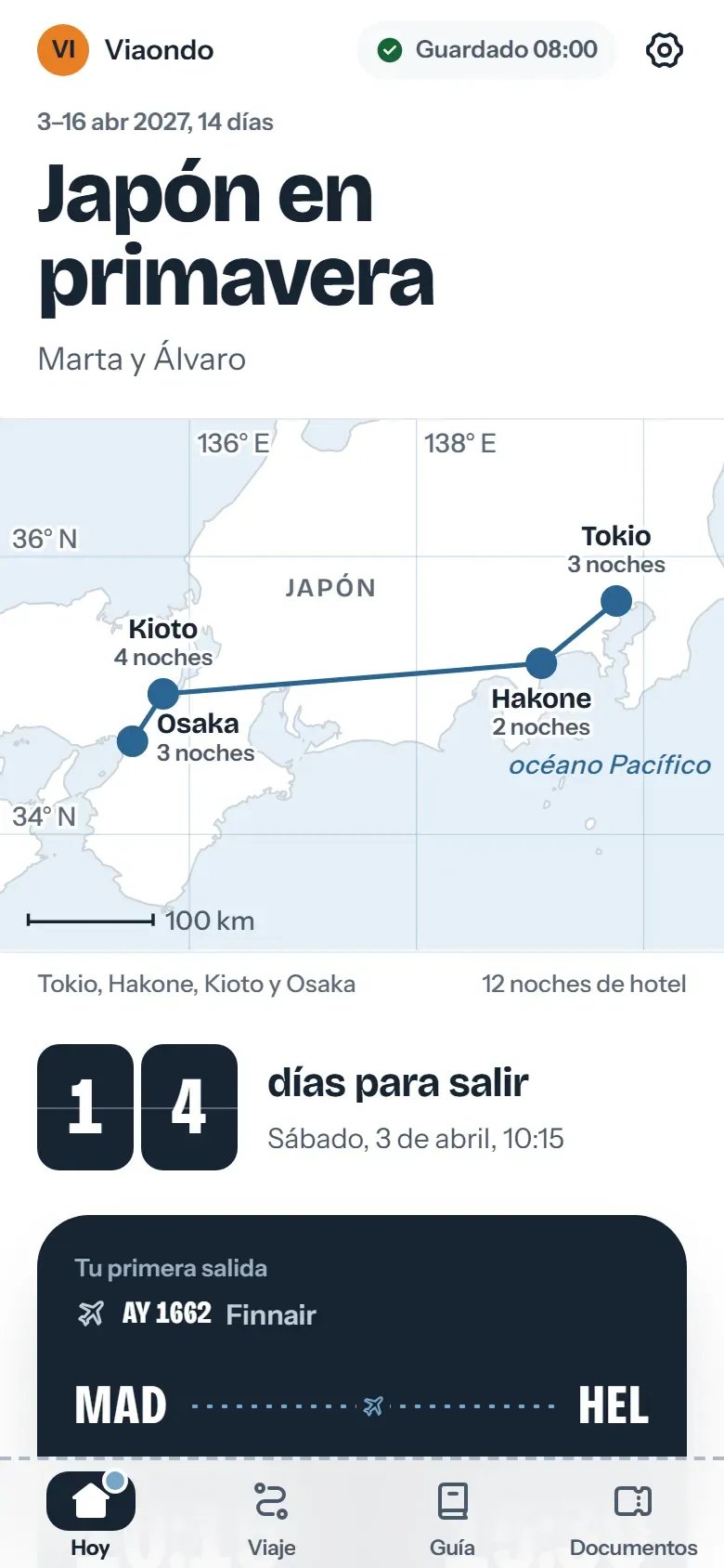 App del viajero antes de la salida, con la lista Preparación y su comprobación del pasaporte