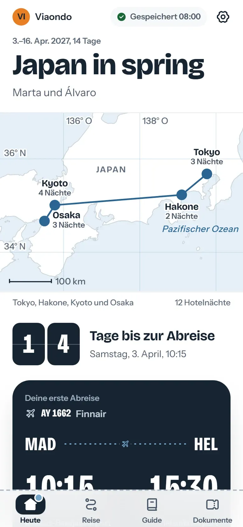 Reise-App vor der Abreise, mit dem Countdown, einer Neuigkeit von der Agentur und der Liste „Vorbereitung“