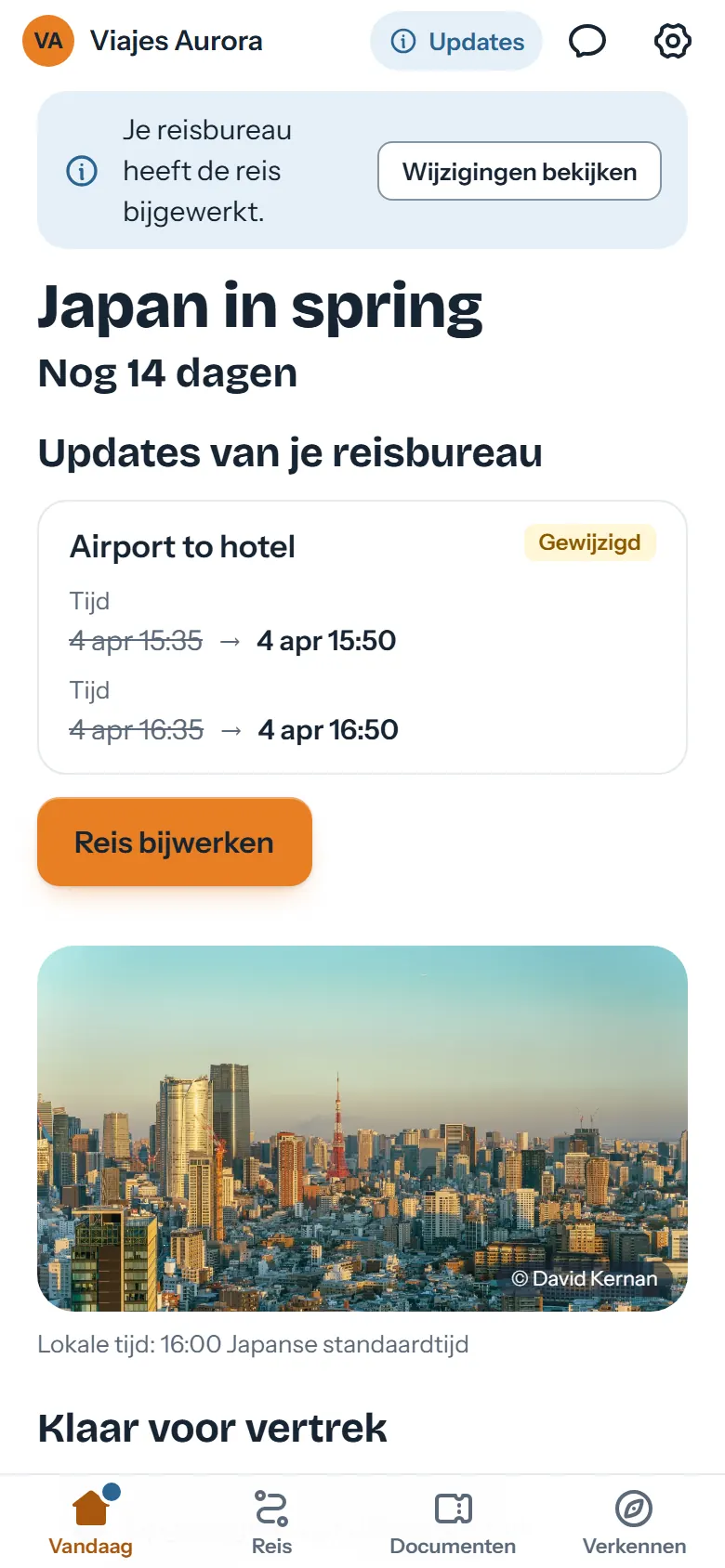 De reizigersapp meldt een nieuwe versie en toont de transfertijd voor en na de wijziging