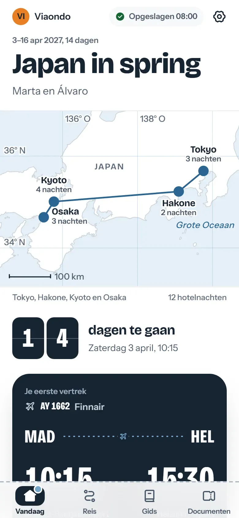 Reizigersapp vóór vertrek, met het aftellen, een update van het reisbureau en de lijst Klaar voor vertrek