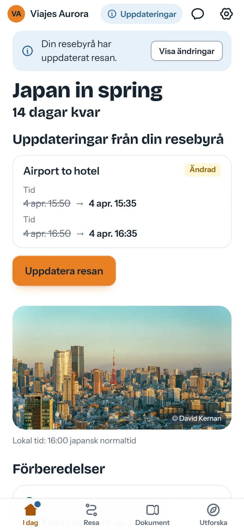 Reseappen meddelar en ny version och visar transfertiden före och efter ändringen