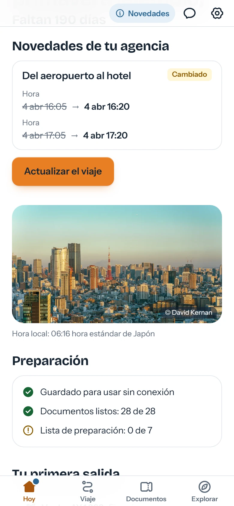Aviso de nueva versión en la app con el cambio de hora de un traslado