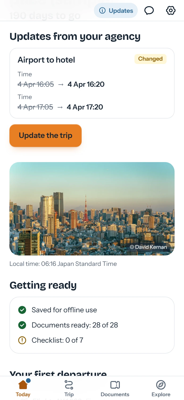 The traveler app announces a new version and shows the transfer time before and after the change