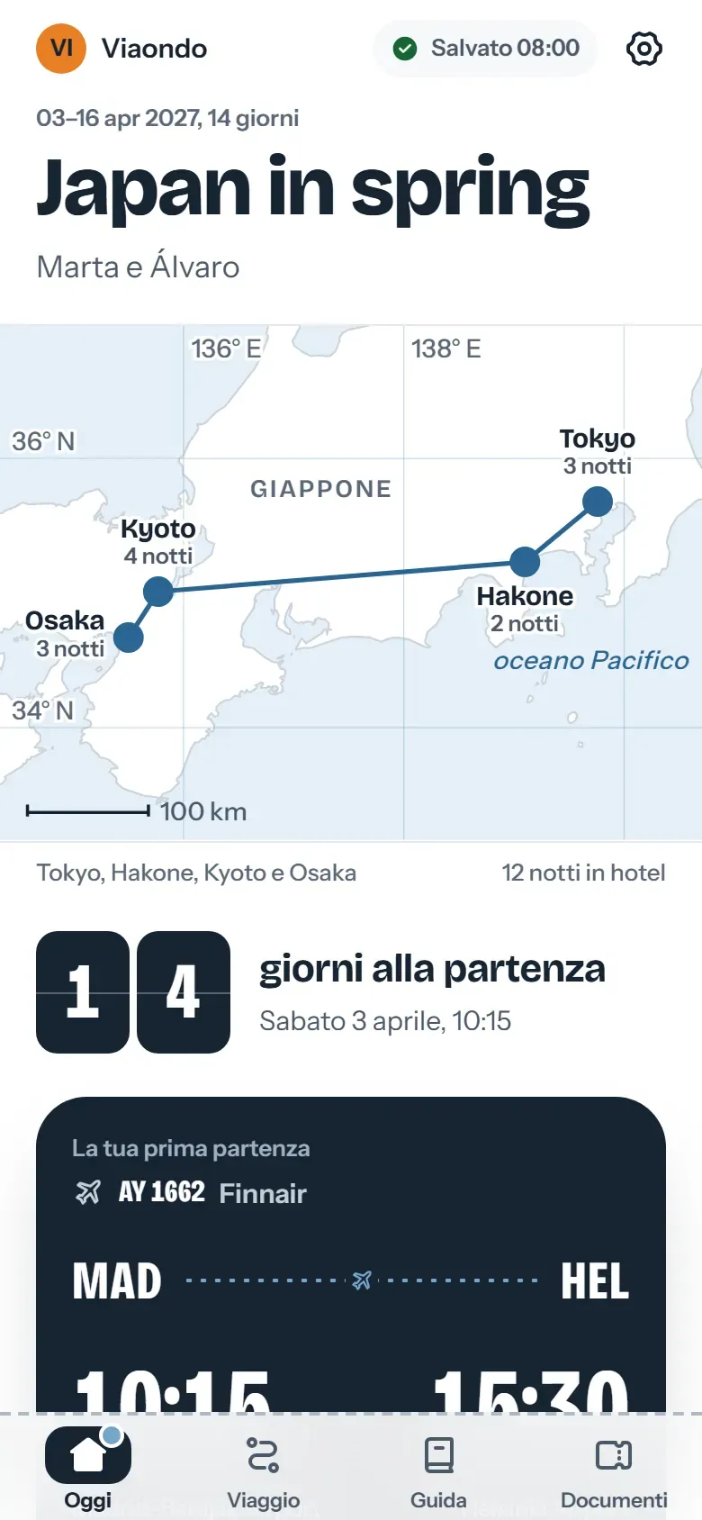 App del viaggiatore prima della partenza, con il conto alla rovescia, un aggiornamento dell’agenzia e la lista Preparazione