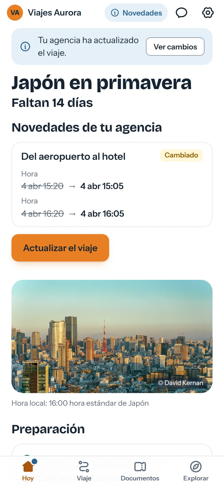 La app del viajero avisa de una nueva versión y muestra el cambio de hora del traslado, antes y después