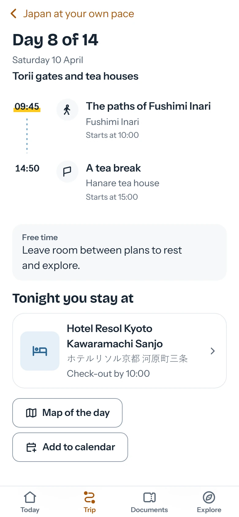 Day 8 of the trip with its plans, times and that night's hotel