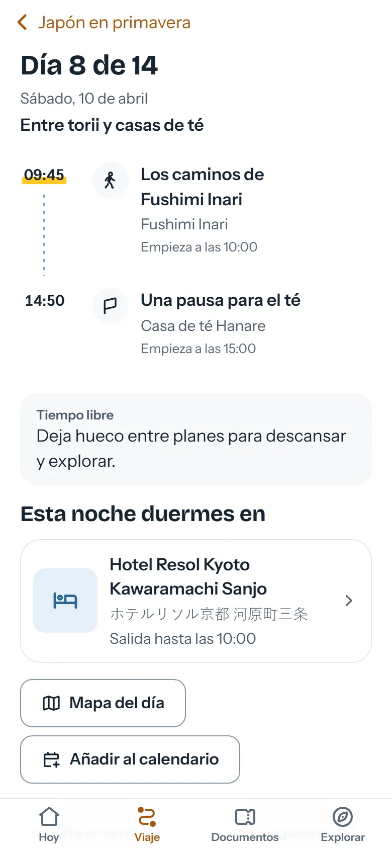 Día 8 del viaje con sus planes, horarios y el hotel de esa noche