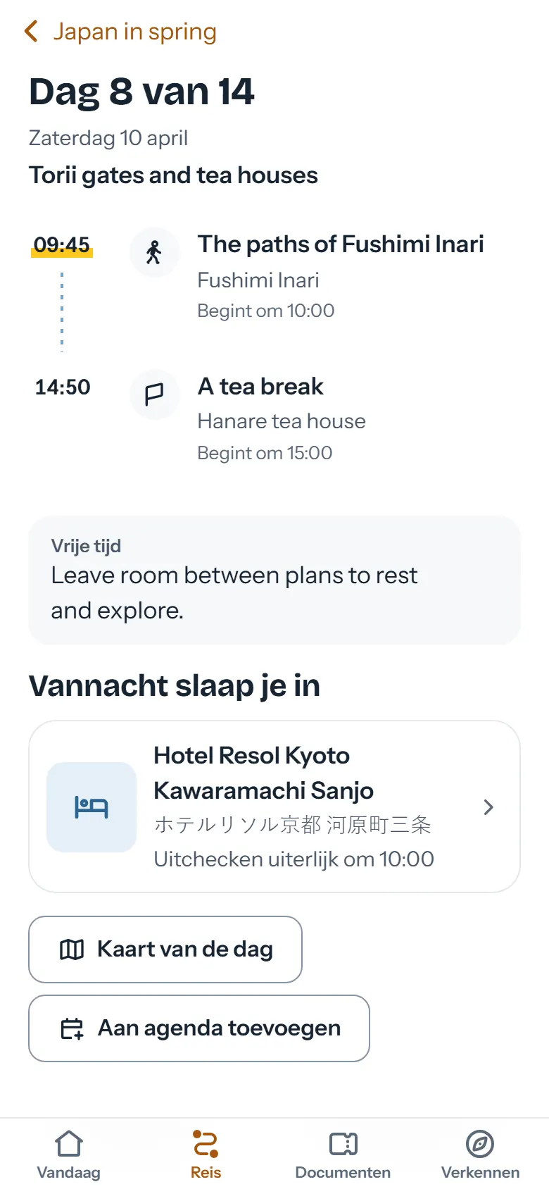 Dag 8 van de reis met de onderdelen, tijden en het hotel van die nacht