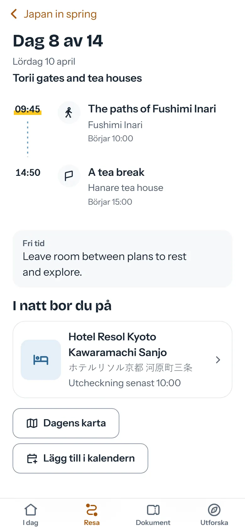 Dag 8 av resan med programpunkter, tider och nattens hotell