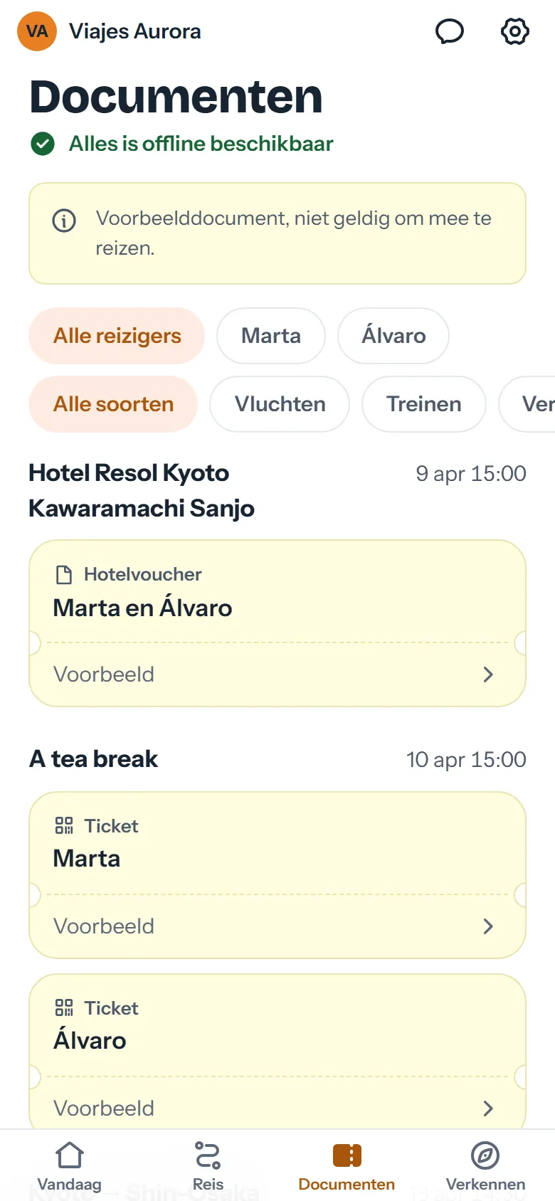 Reisdocumenten offline opgeslagen en gefilterd per reiziger