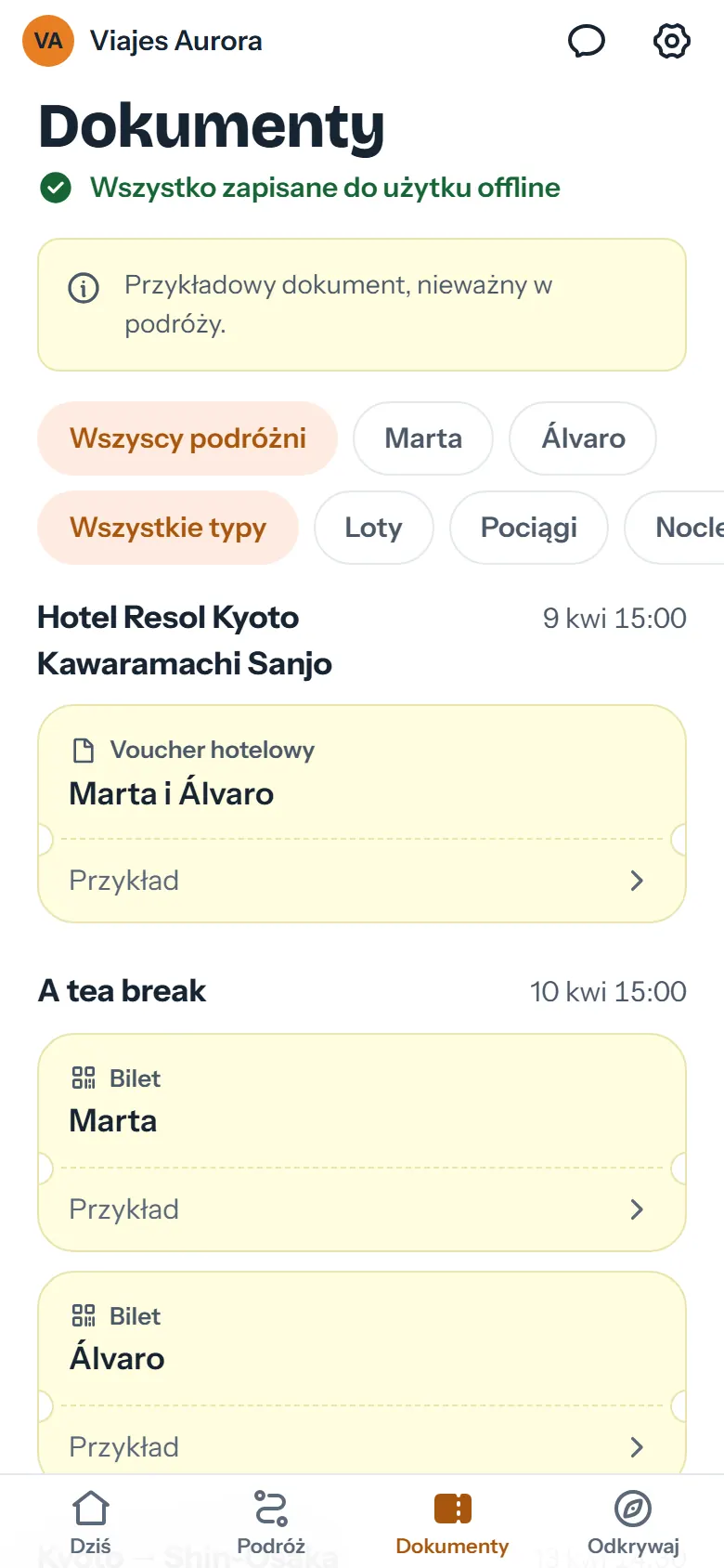 Dokumenty podróży zapisane offline i przefiltrowane według podróżnego