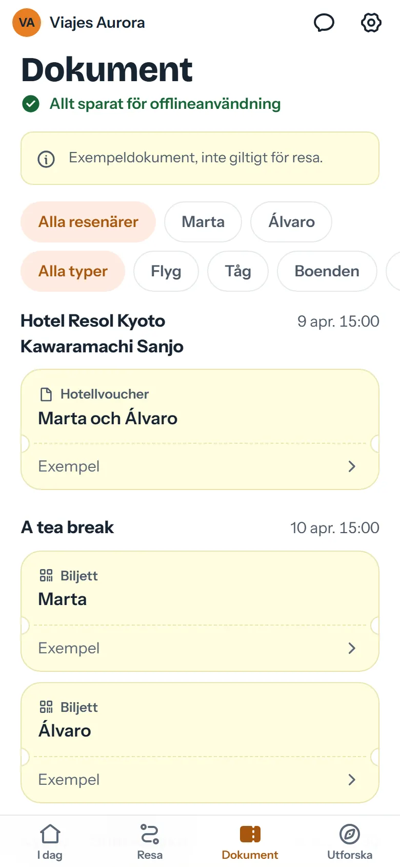 Resans dokument sparade offline och filtrerade per resenär