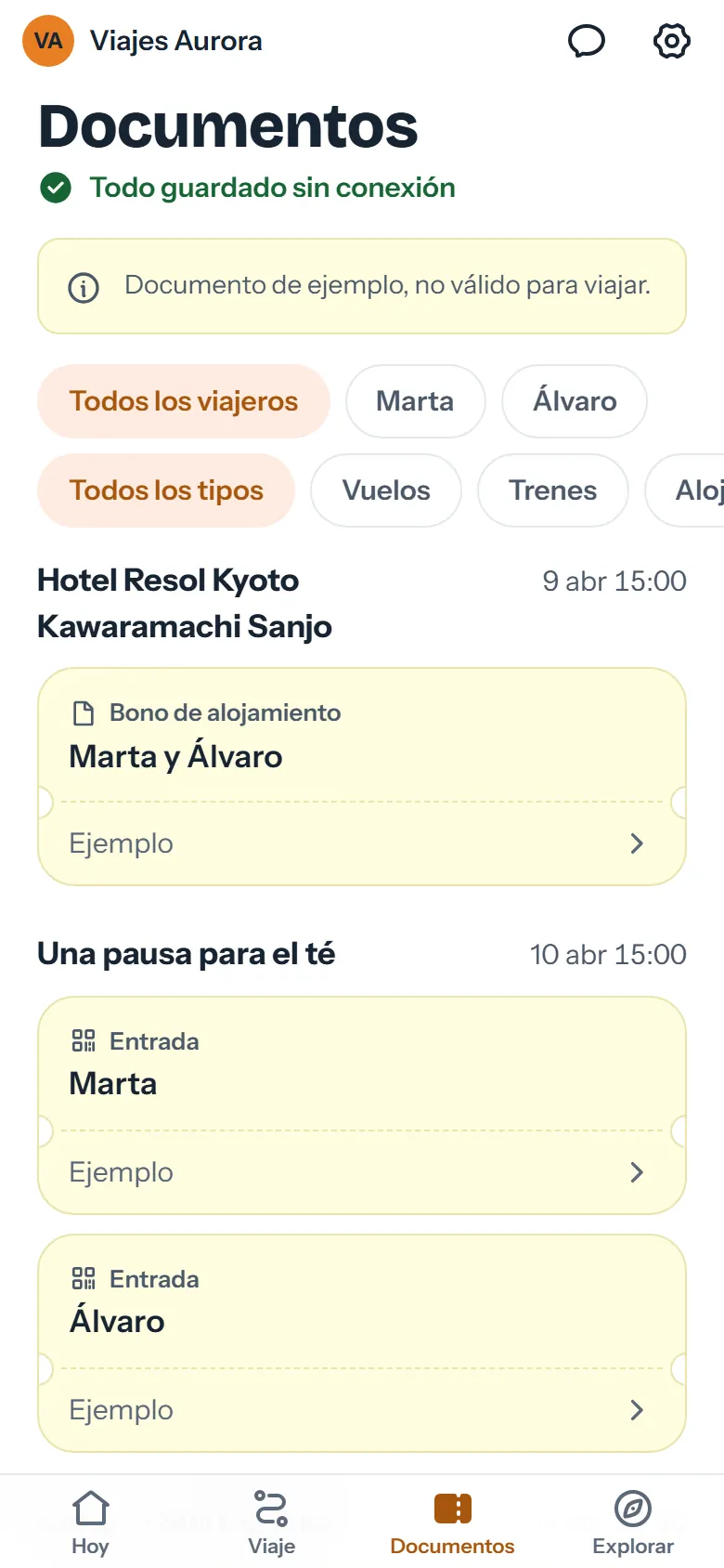 Documentos del viaje guardados sin conexión y filtrados por viajero