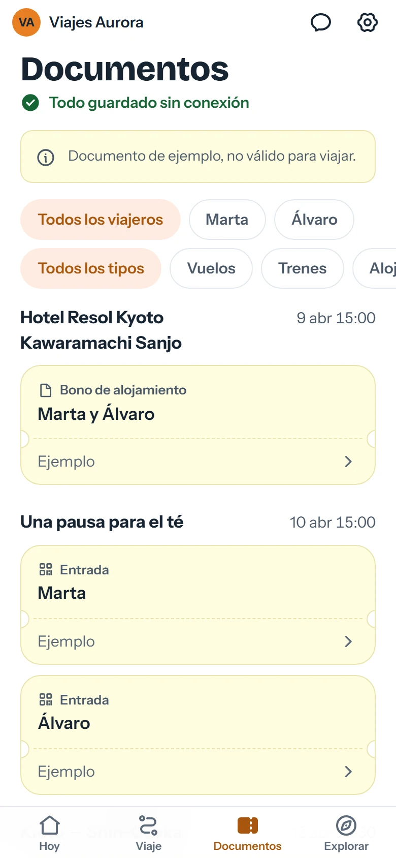 Documentos del viaje con el aviso Todo guardado sin conexión