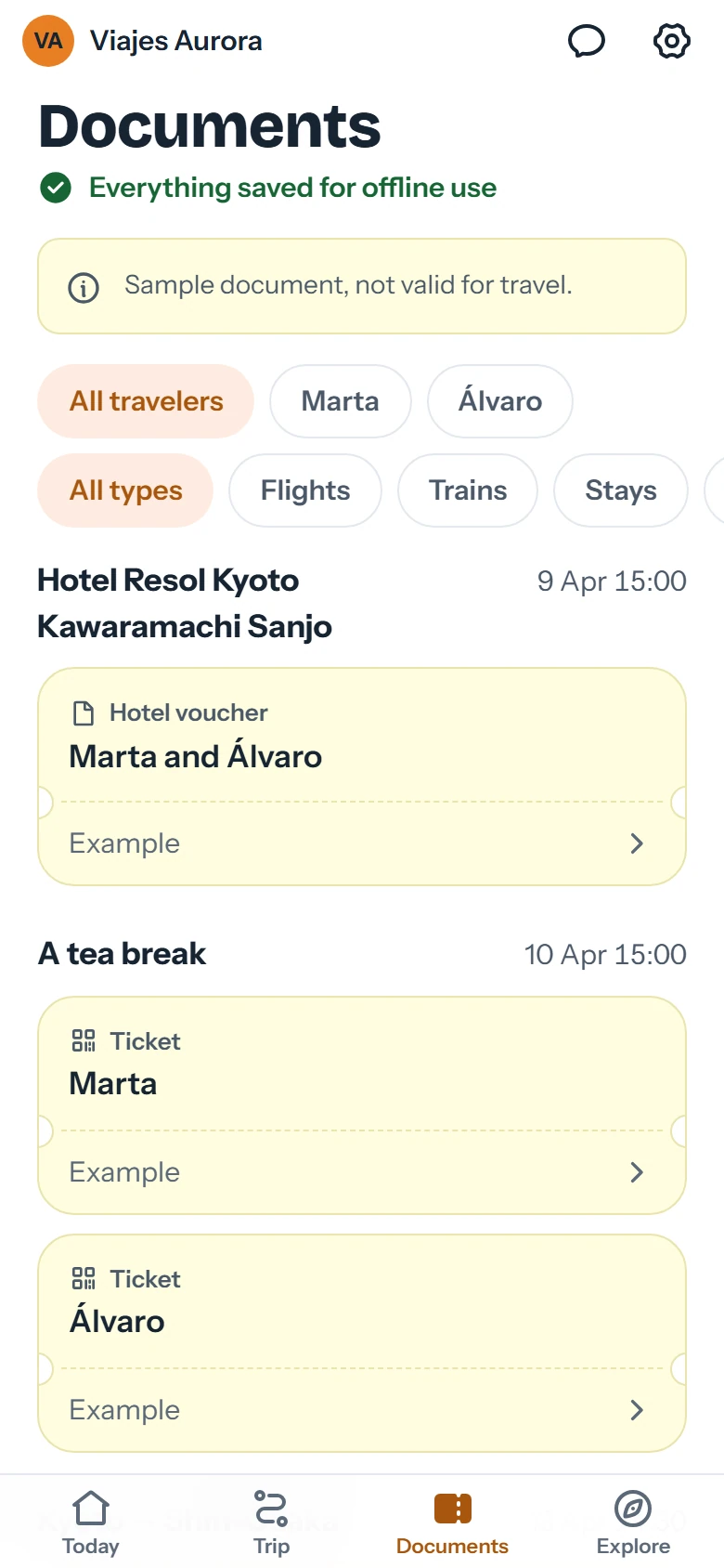 Trip documents saved offline and filtered by traveler