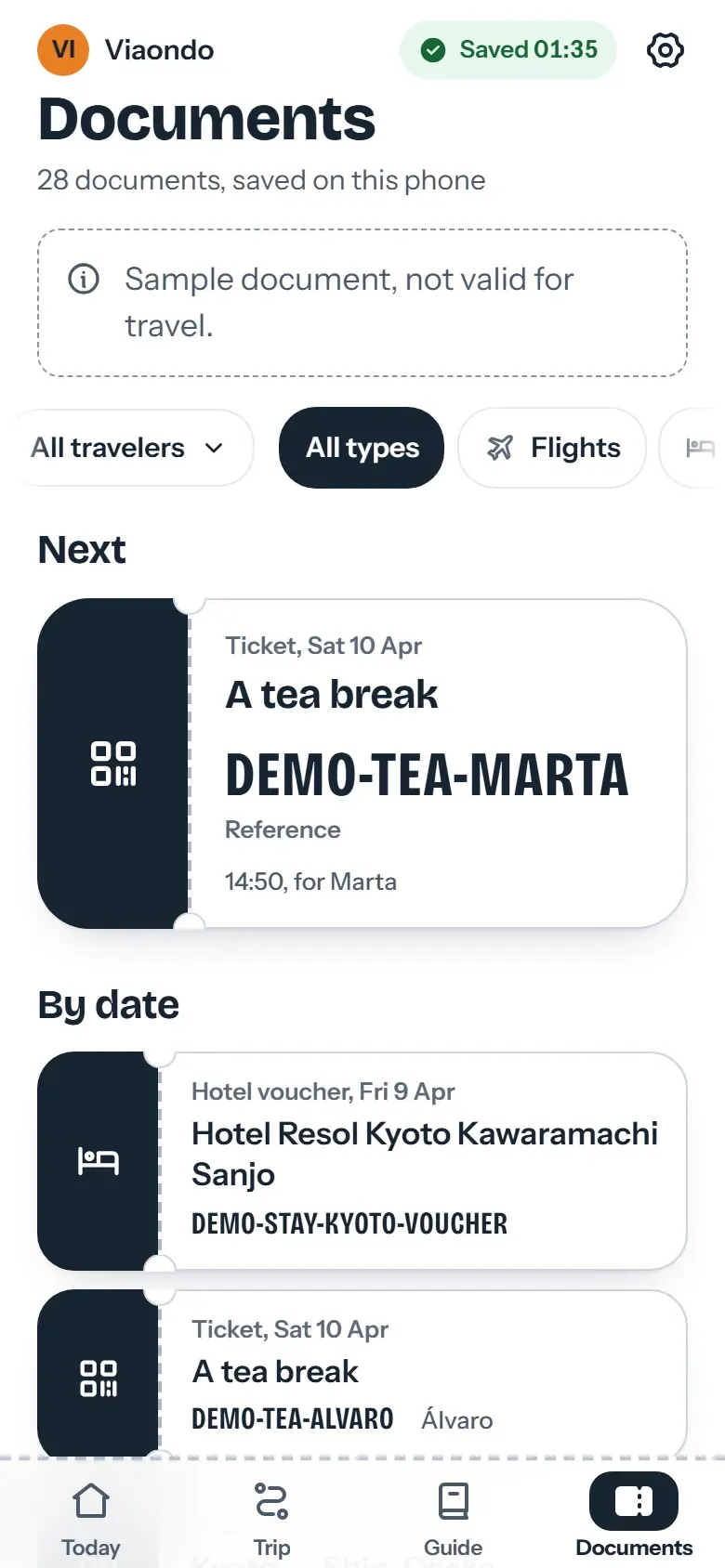 The Documents tab of the Viaondo traveler app, listing a trip’s tickets and hotel vouchers by date, saved on the phone