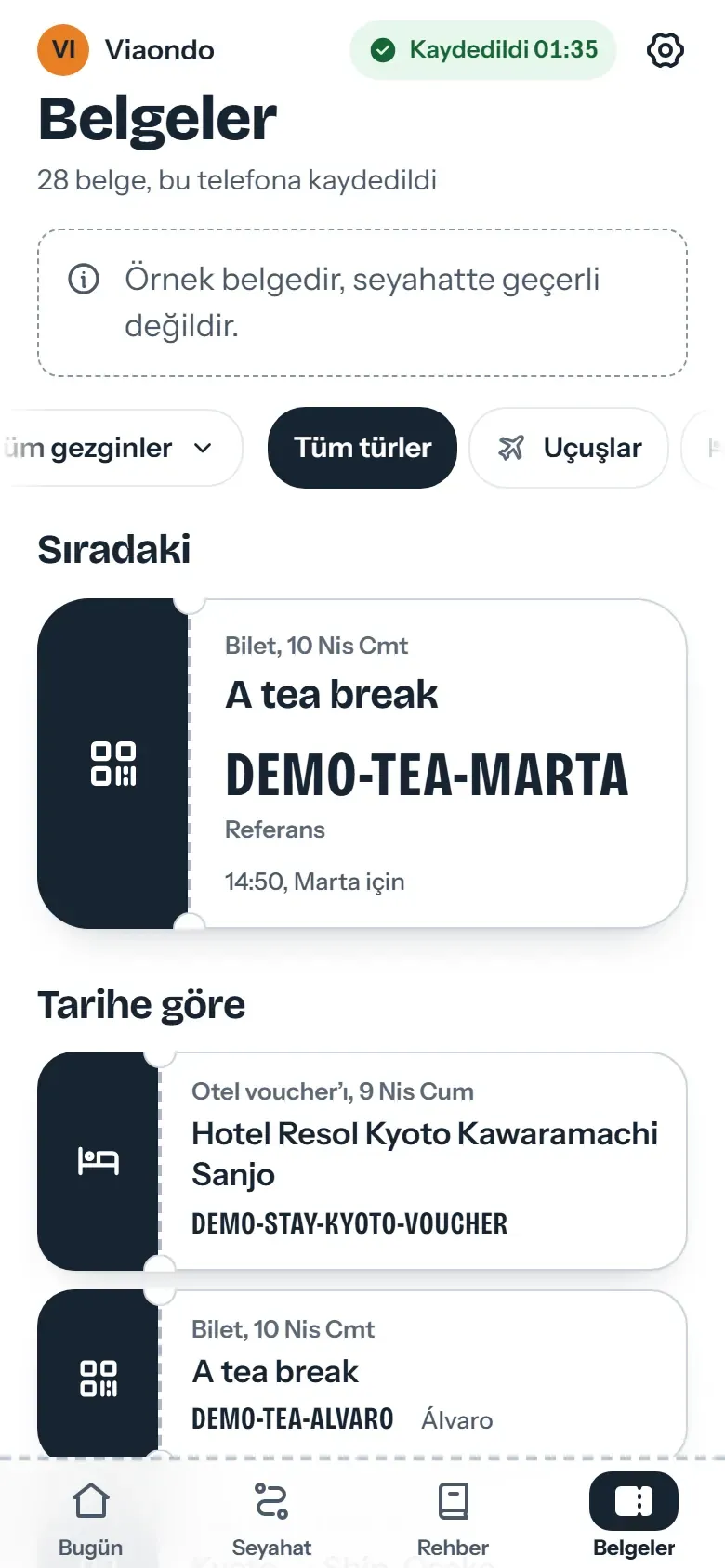 Gezgin uygulamasının belgeler ekranı; her gezginin biletleri ve otel voucher’ı, çevrimdışı kullanım için kaydedilmiş