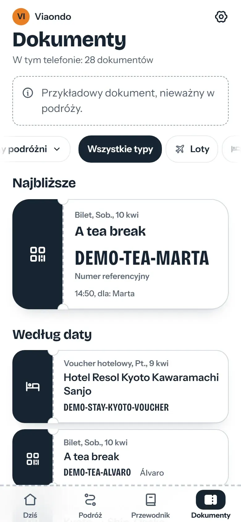 Ekran dokumentów w aplikacji podróżnego z biletami każdego podróżnego i voucherem hotelowym, zapisanymi do użytku offline