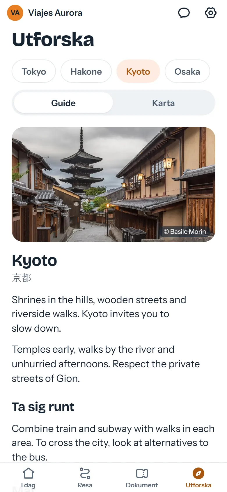 Fliken Utforska med guiden till Kyoto och platserna som resebyrån rekommenderar