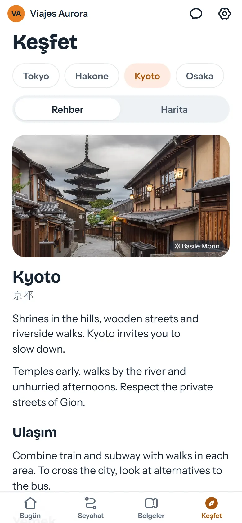 Kyoto rehberi ve acentenin önerdiği mekânlarla Keşfet sekmesi