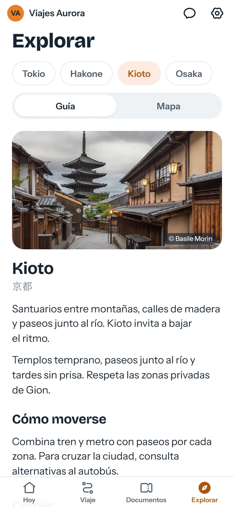 Pestaña Explorar con la guía de Kioto y los lugares recomendados por la agencia