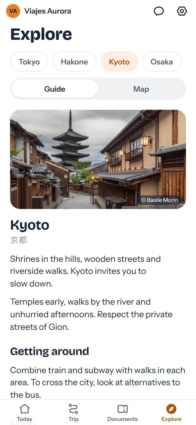 Explore tab with the Kyoto guide and the places recommended by the agency