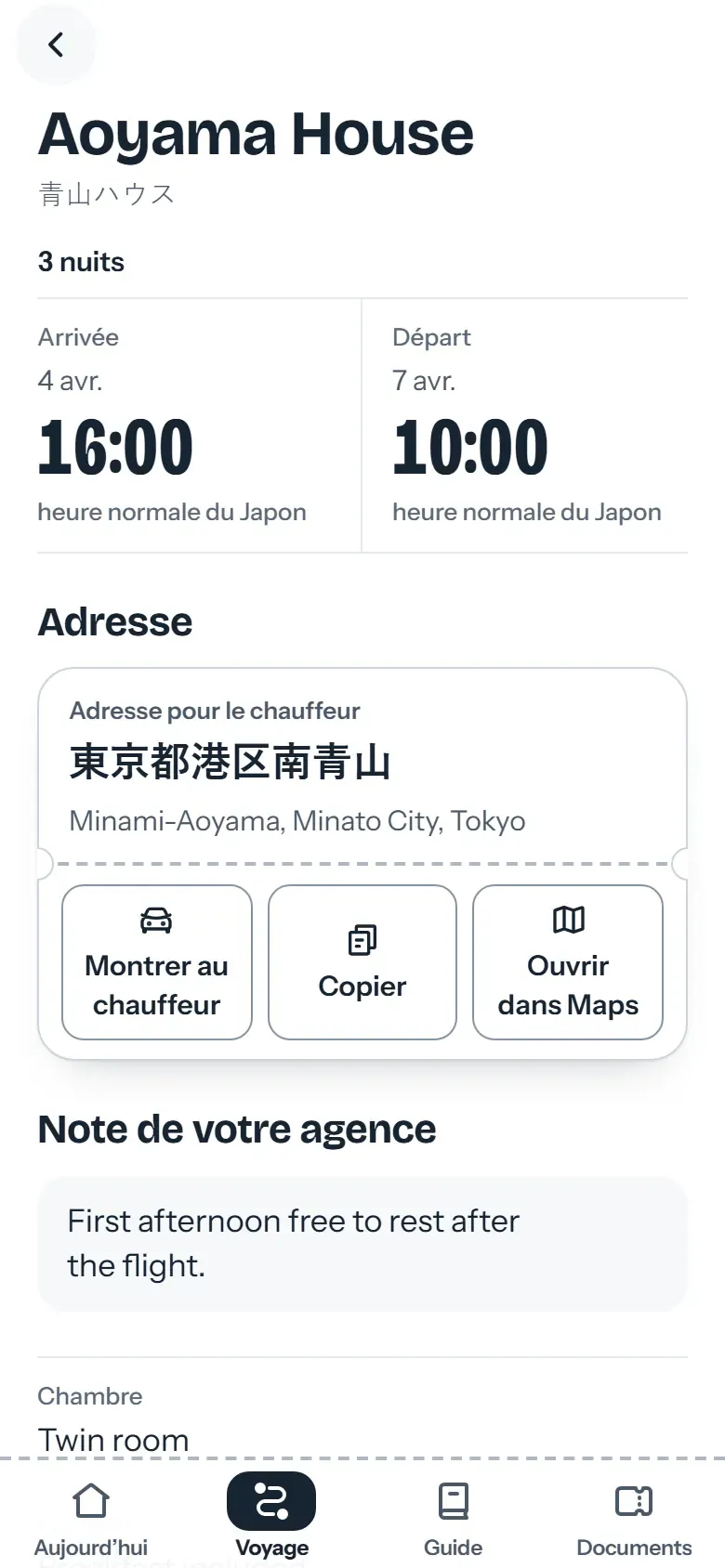 Page d’hôtel dans l’app du voyageur avec l’adresse en japonais et le bouton Montrer au chauffeur
