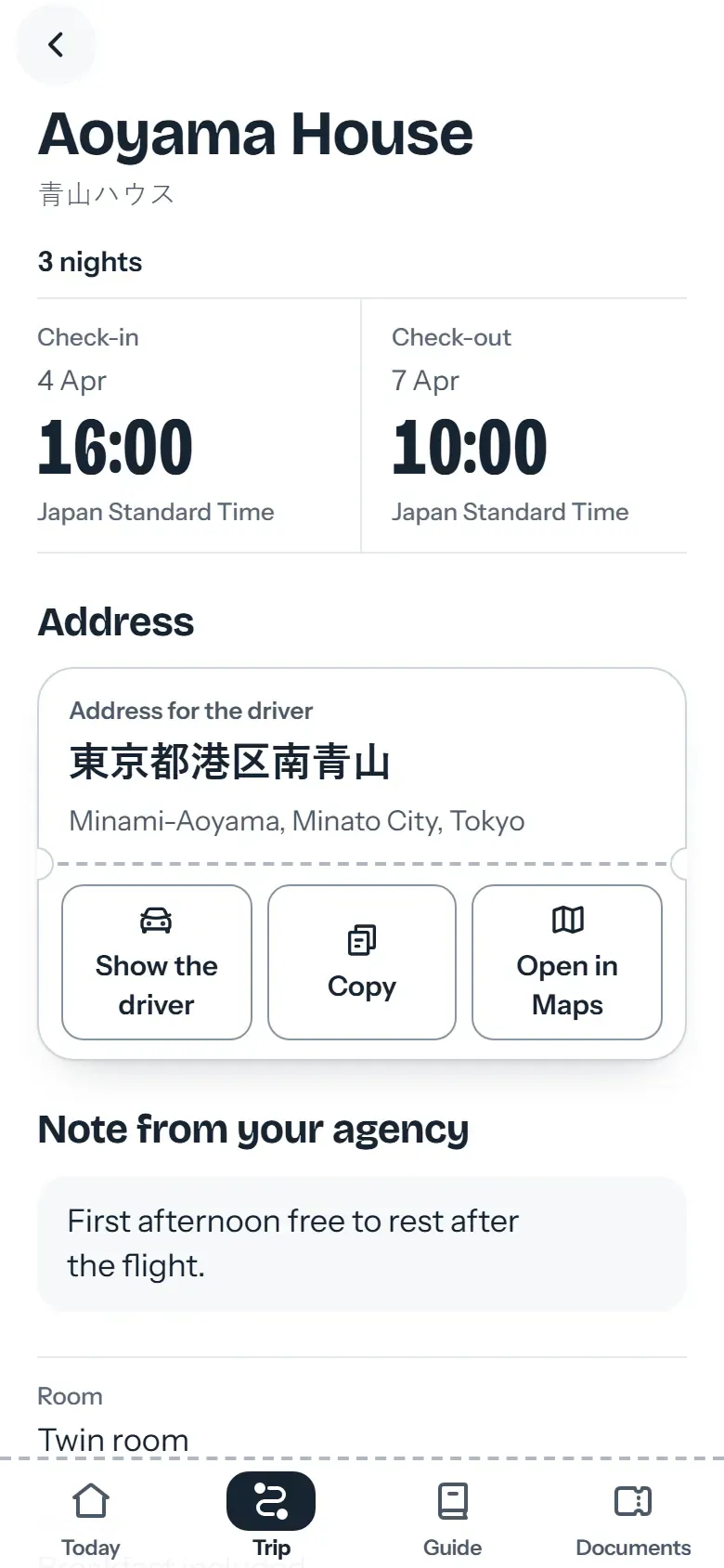 Hotel page in the traveler app with the address in Japanese and the Show the driver button