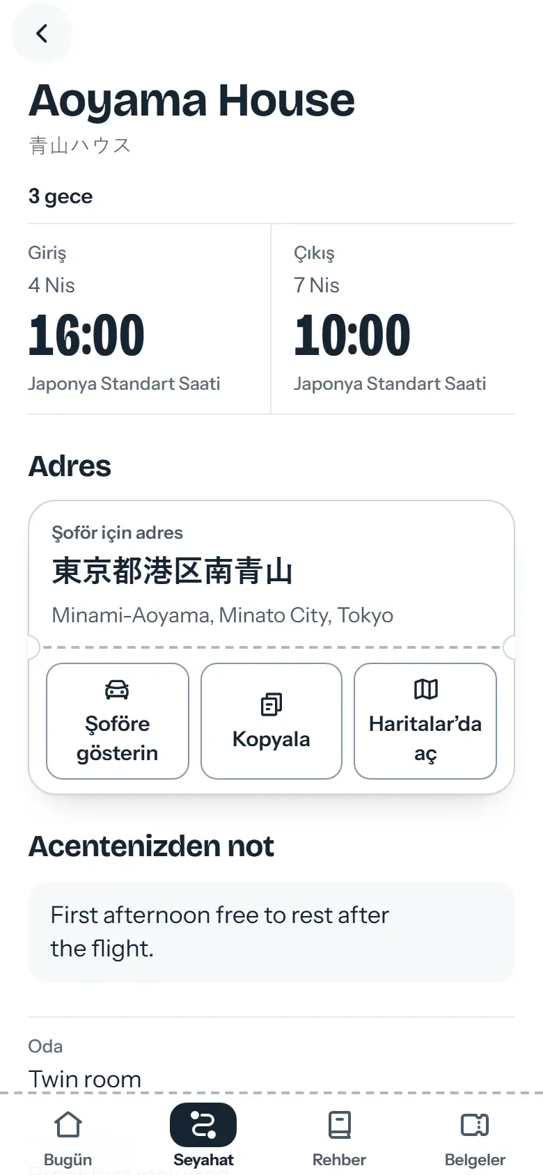 Gezgin uygulamasında Japonca adres ve Şoföre gösterin düğmesiyle otel sayfası