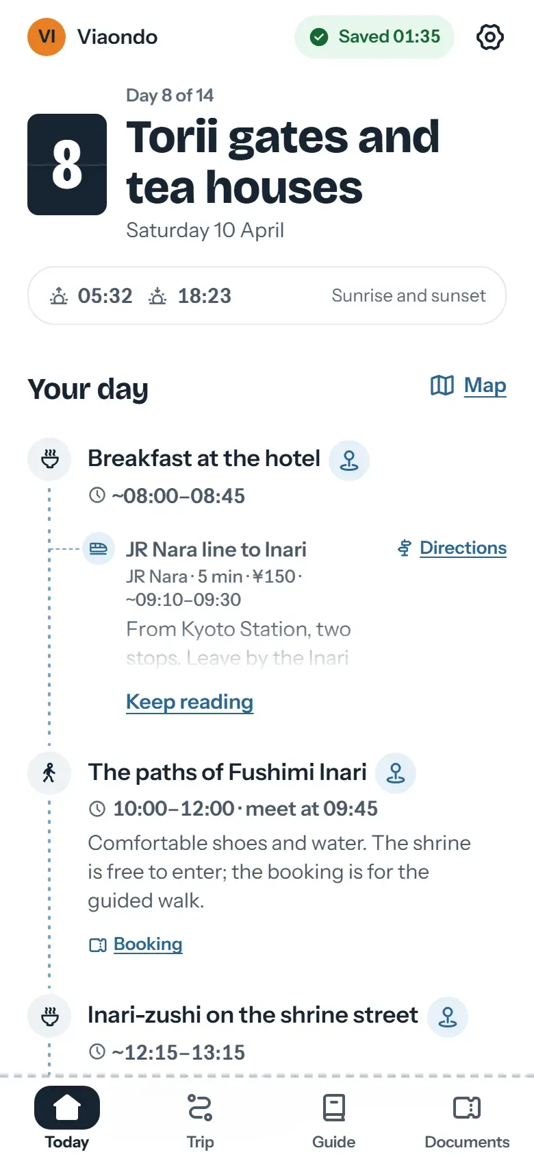 Today screen of the traveler app showing the next transfer with its meeting point and local time