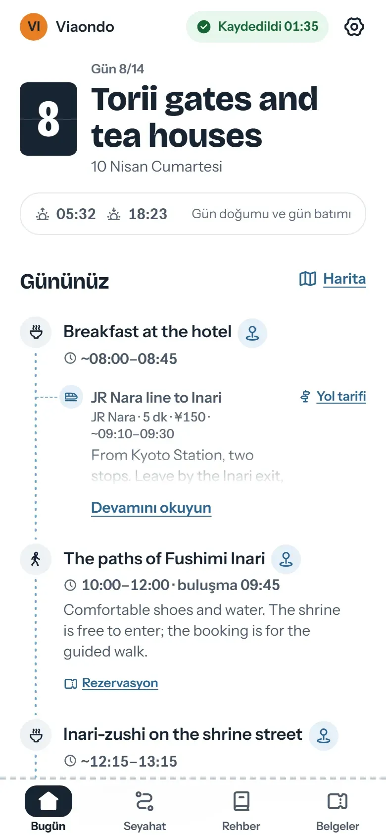 Kyoto’da gezgin uygulamasının Bugün ekranı: üstte acentenin adı, altında buluşma saati ve saat dilimiyle sıradaki plan