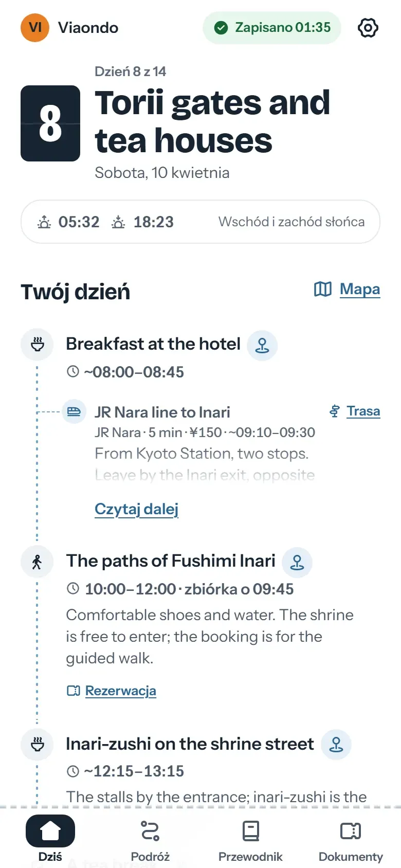 Ekran Dziś aplikacji podróżnego w Kioto: na górze nazwa biura, niżej następny punkt planu z godziną zbiórki i strefą czasową