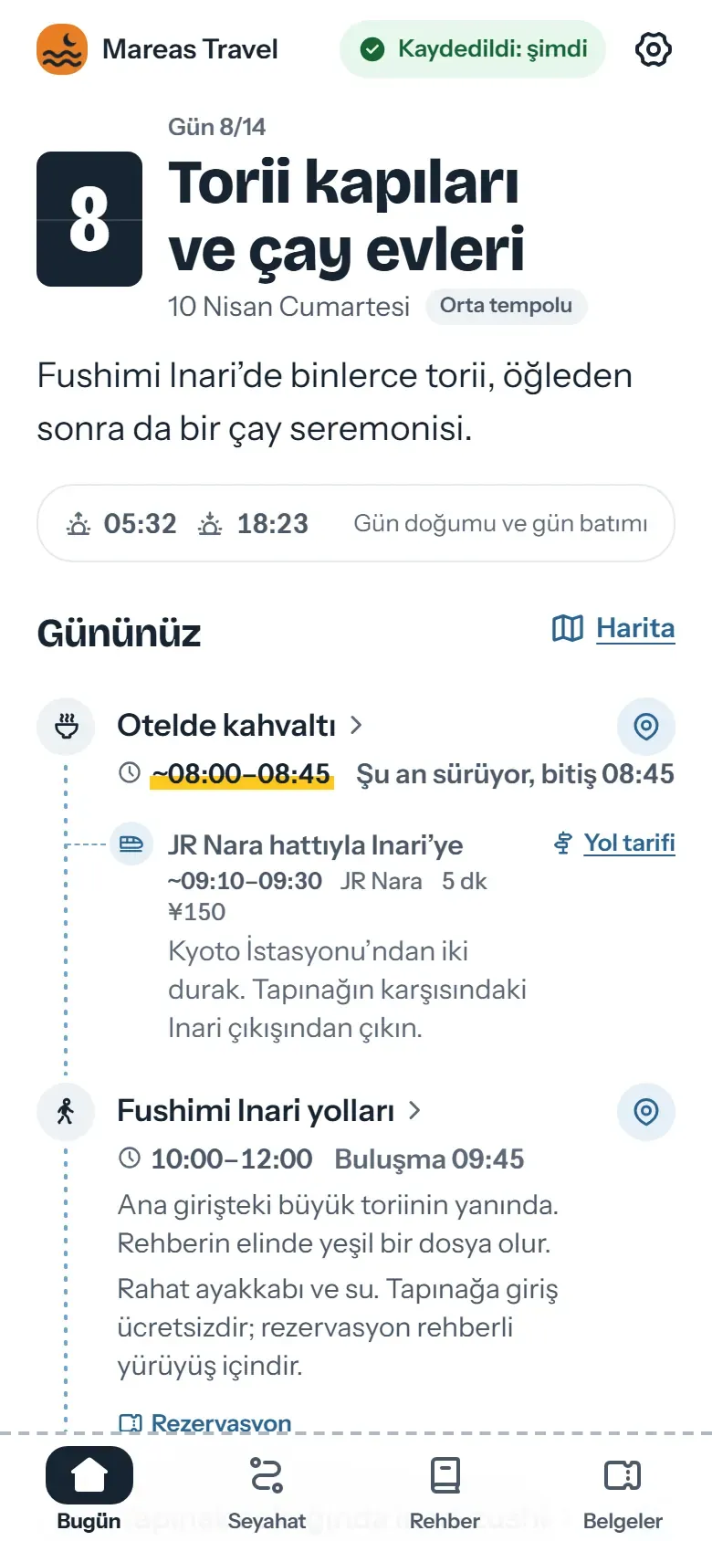 Kyoto’da gezgin uygulamasının Bugün ekranı: üstte acentenin adı, altında buluşma saati ve saat dilimiyle sıradaki plan