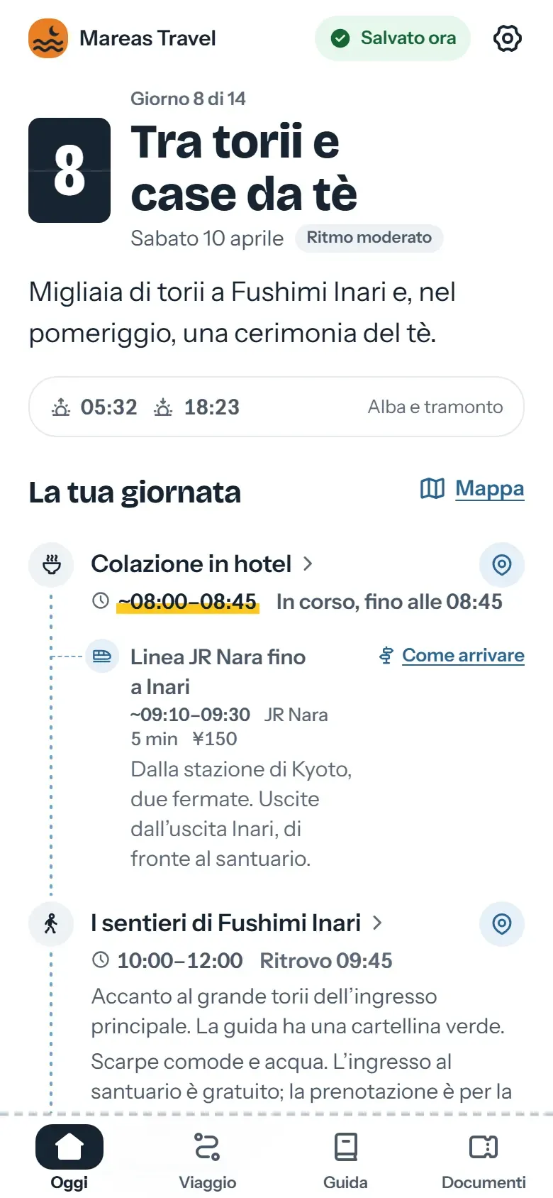 Schermata Oggi dell’app del viaggiatore a Kyoto: il nome dell’agenzia in alto, poi il prossimo programma con l’orario d’incontro e il fuso orario
