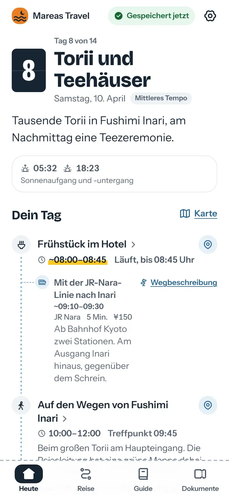 Heute-Bildschirm der Reise-App in Kyoto: oben der Name der Agentur, darunter der nächste Programmpunkt mit Treffzeit und Zeitzone