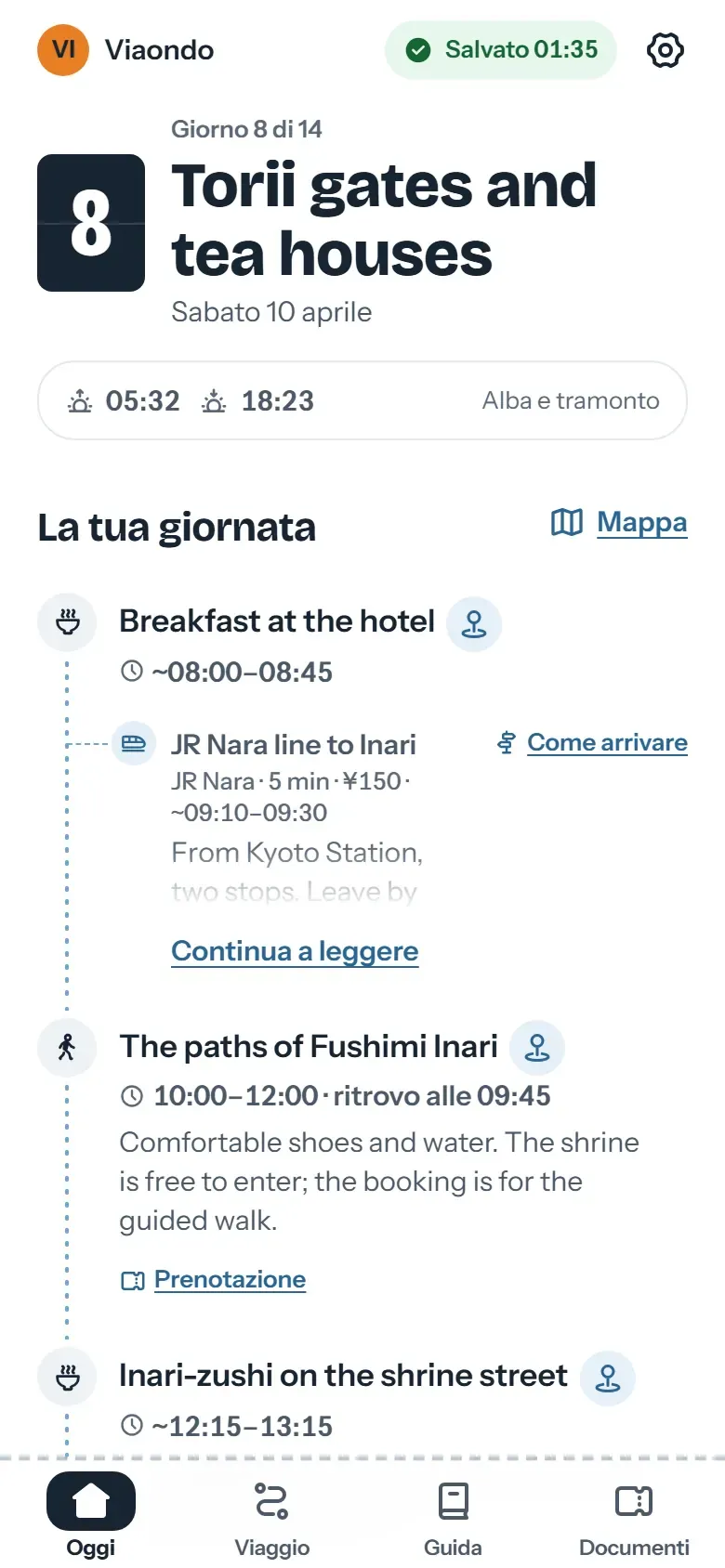 Schermata Oggi dell’app del viaggiatore a Kyoto: il nome dell’agenzia in alto, poi il prossimo programma con l’orario d’incontro e il fuso orario