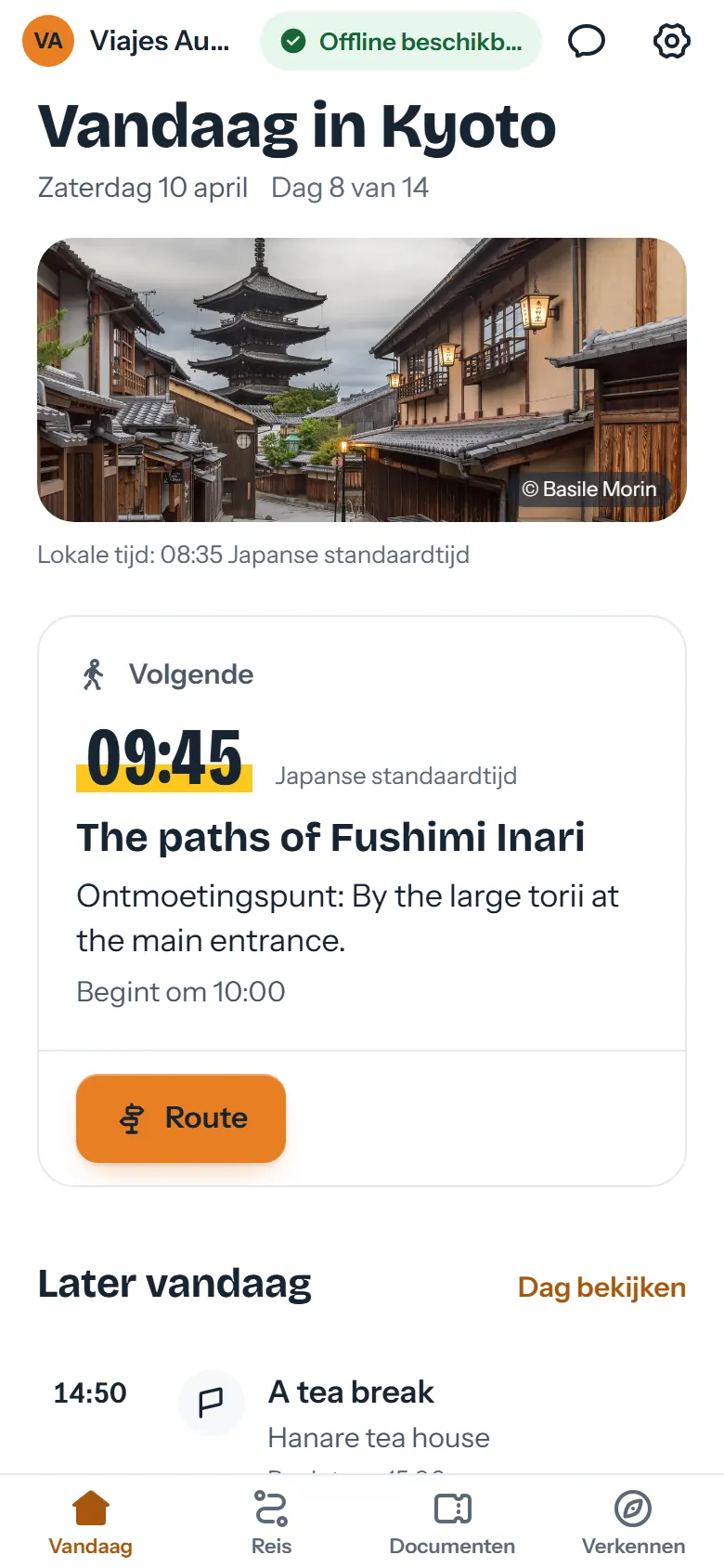 Vandaag-scherm van de reizigersapp in Kyoto, met het volgende onderdeel en het ontmoetingspunt