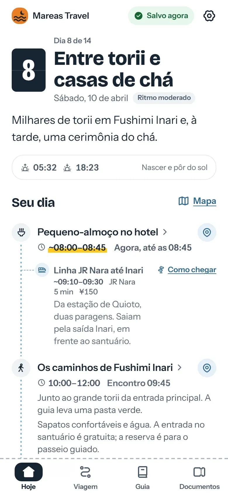 Tela Hoje do app do viajante em Kyoto: o nome da agência no topo e, abaixo, o próximo programa com o horário de encontro e o fuso horário