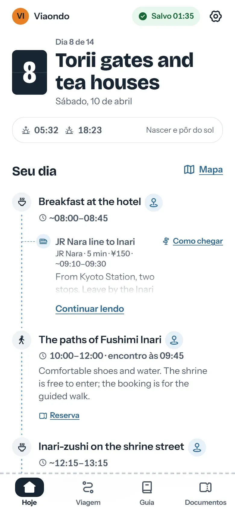 Tela Hoje do app do viajante em Kyoto: o nome da agência no topo e, abaixo, o próximo programa com o horário de encontro e o fuso horário