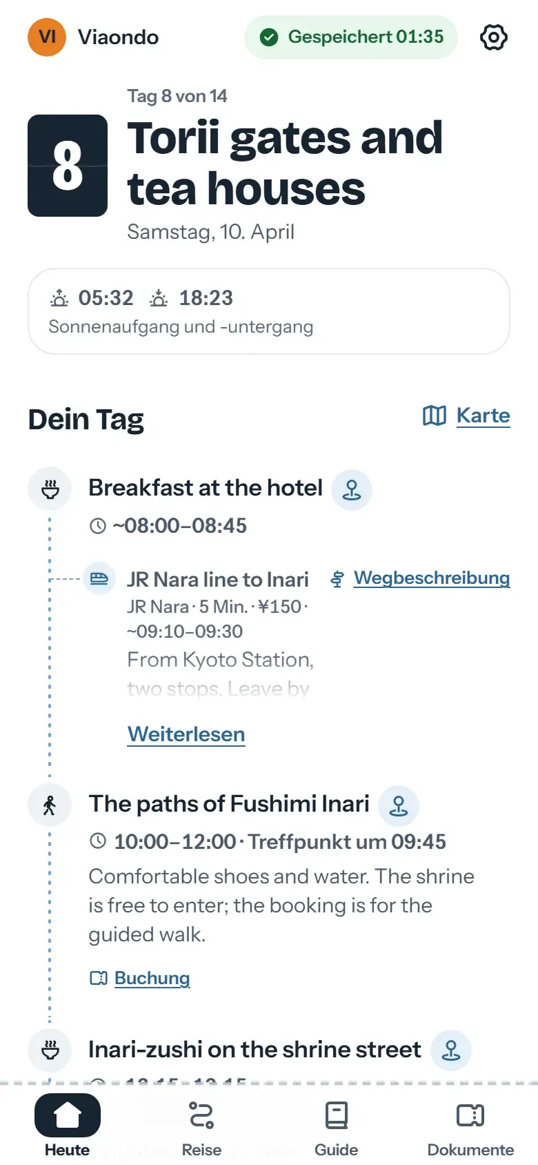 Heute-Bildschirm der Reise-App mit dem nächsten Transfer, seinem Treffpunkt und der Ortszeit