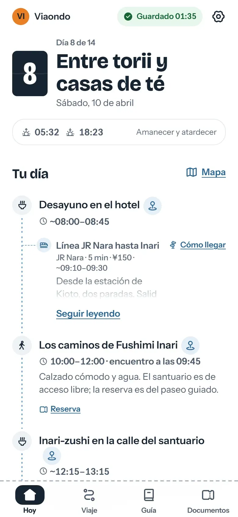 Pantalla Hoy de la app del viajero en Kioto: el nombre de la agencia arriba y, debajo, el siguiente plan con su hora de encuentro y su zona horaria