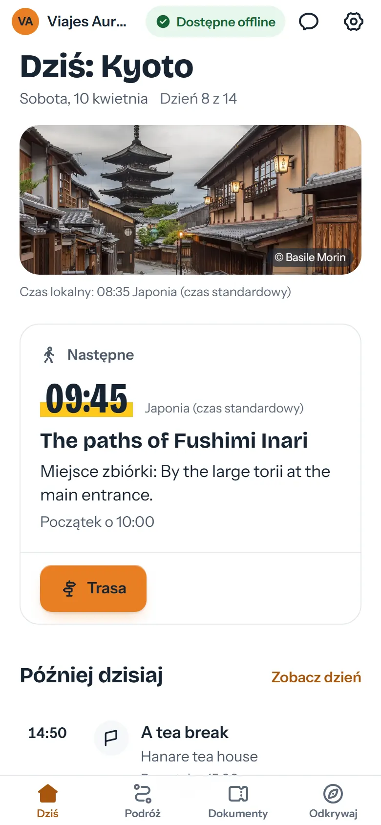 Ekran Dziś w aplikacji podróżnego w Kioto, z następnym punktem planu i miejscem zbiórki
