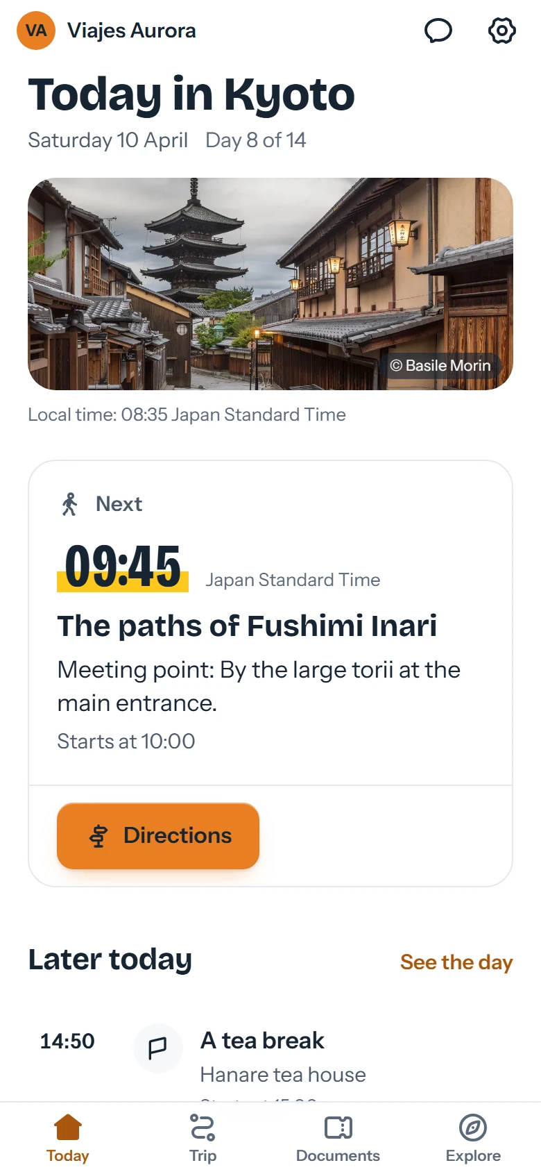 Today screen of the traveler app in Kyoto, with the next plan and its meeting point