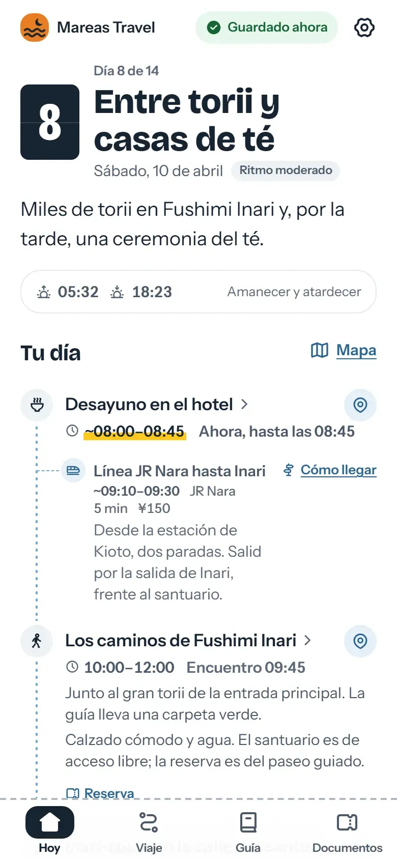 Pantalla Hoy de la app del viajero en Kioto: el nombre de la agencia arriba y, debajo, el siguiente plan con su hora de encuentro y su zona horaria