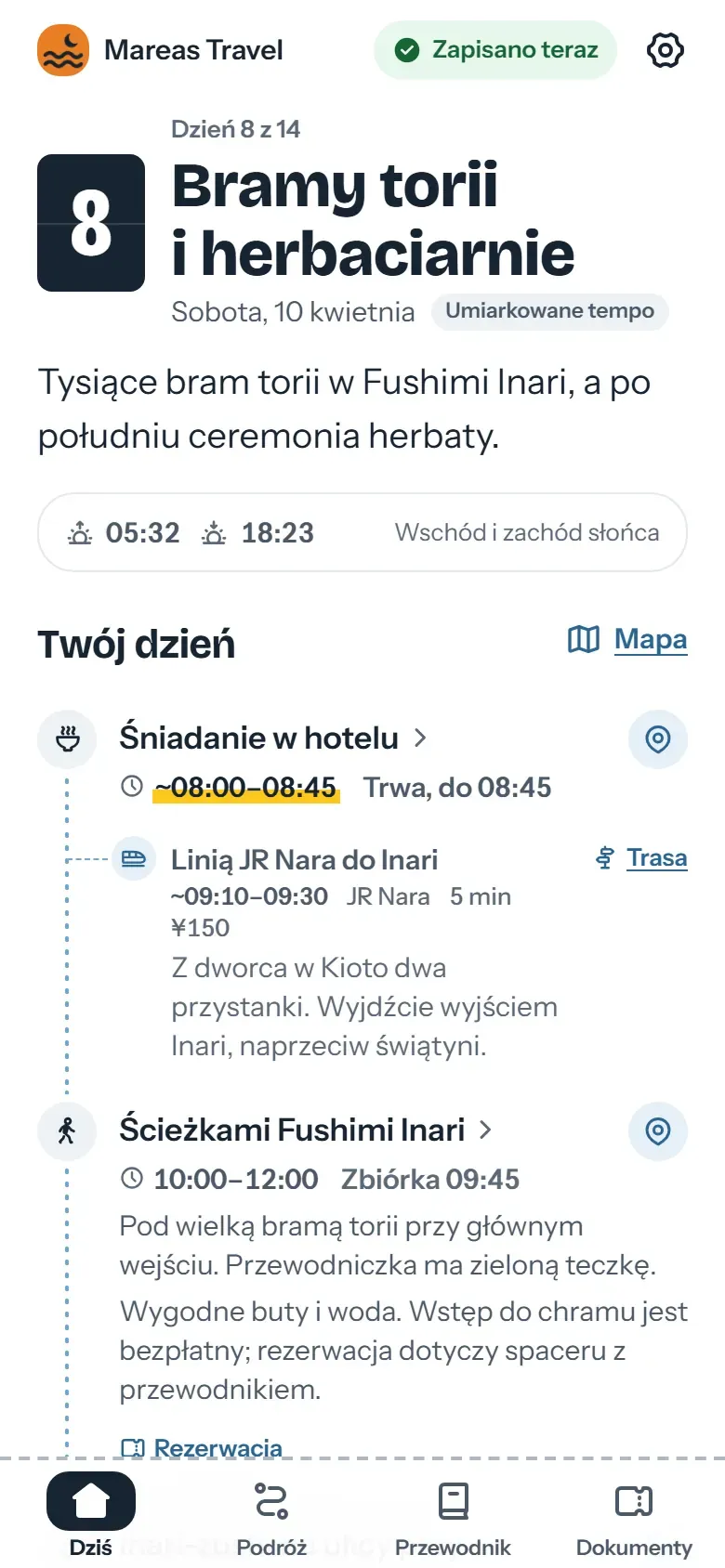 Ekran Dziś aplikacji podróżnego w Kioto: na górze nazwa biura, niżej następny punkt planu z godziną zbiórki i strefą czasową