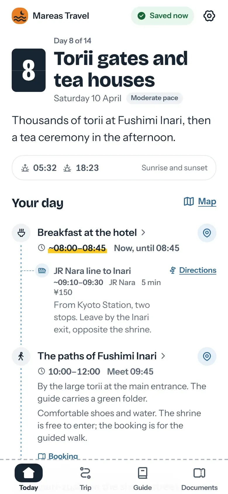 Today screen of the traveler app in Kyoto: the agency’s name at the top, then the next plan with its meeting time and time zone