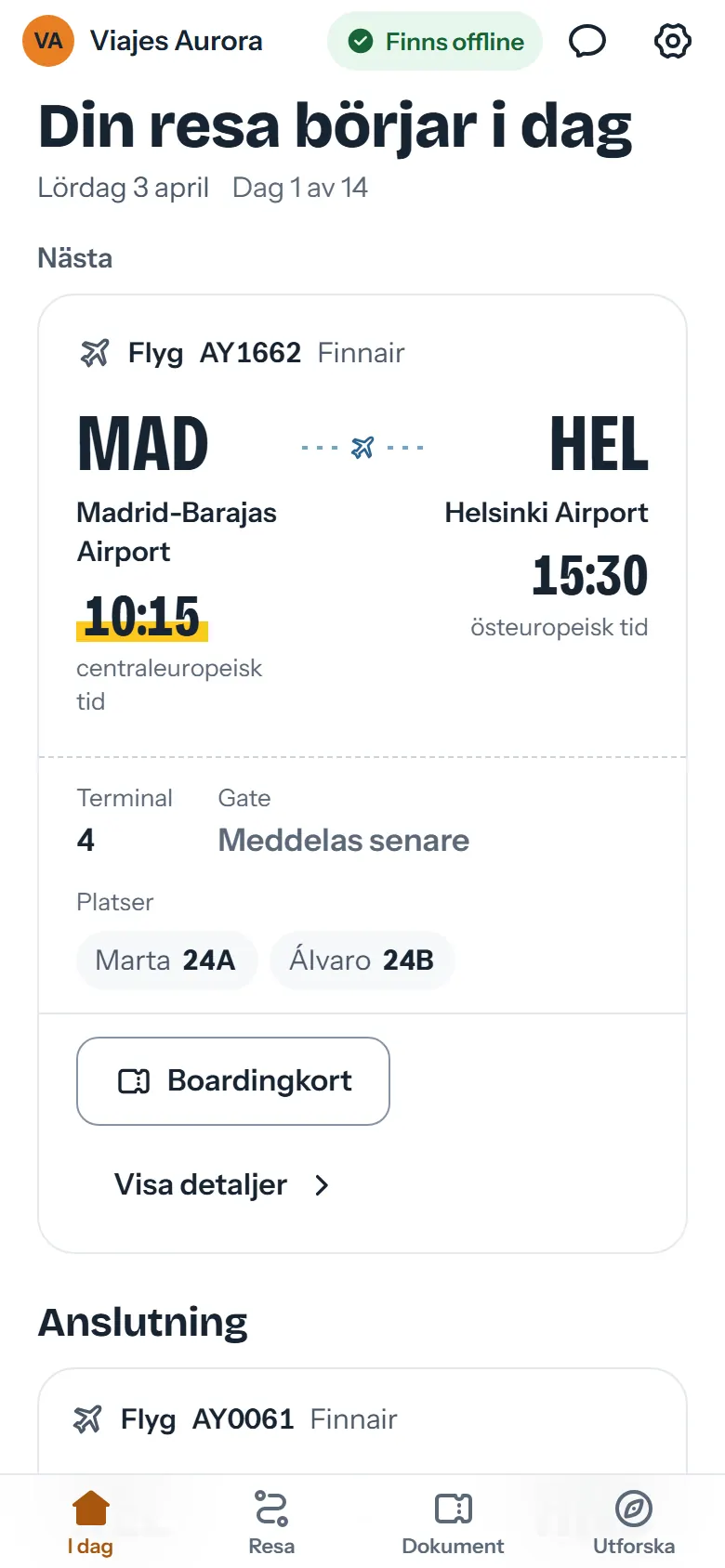 Flygkort från Madrid till Helsingfors med lokala tider, terminal, gate och platser