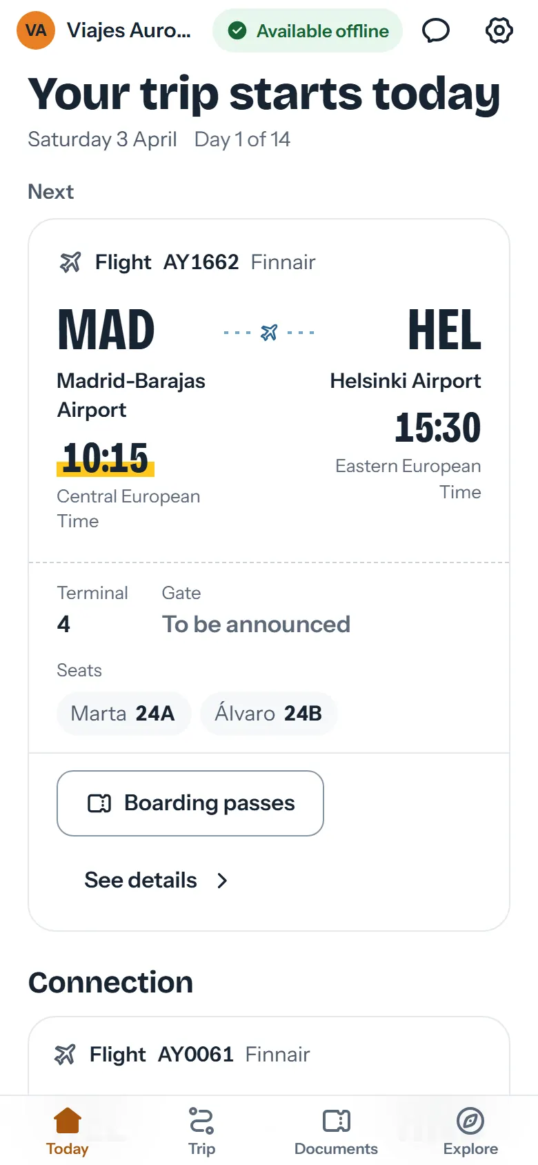 Flight card from Madrid to Helsinki with local times, terminal, gate and seats