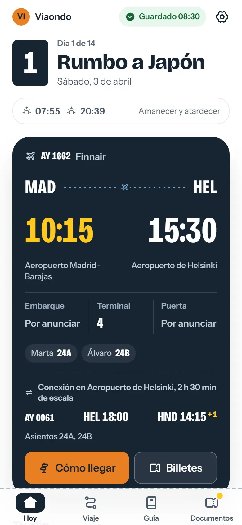 Tarjeta de un vuelo en la app del viajero de Viaondo: Madrid 10:15 a Helsinki 15:30 y después una conexión desde Helsinki a las 18:00 que aterriza en Tokio Haneda a las 14:15 +1