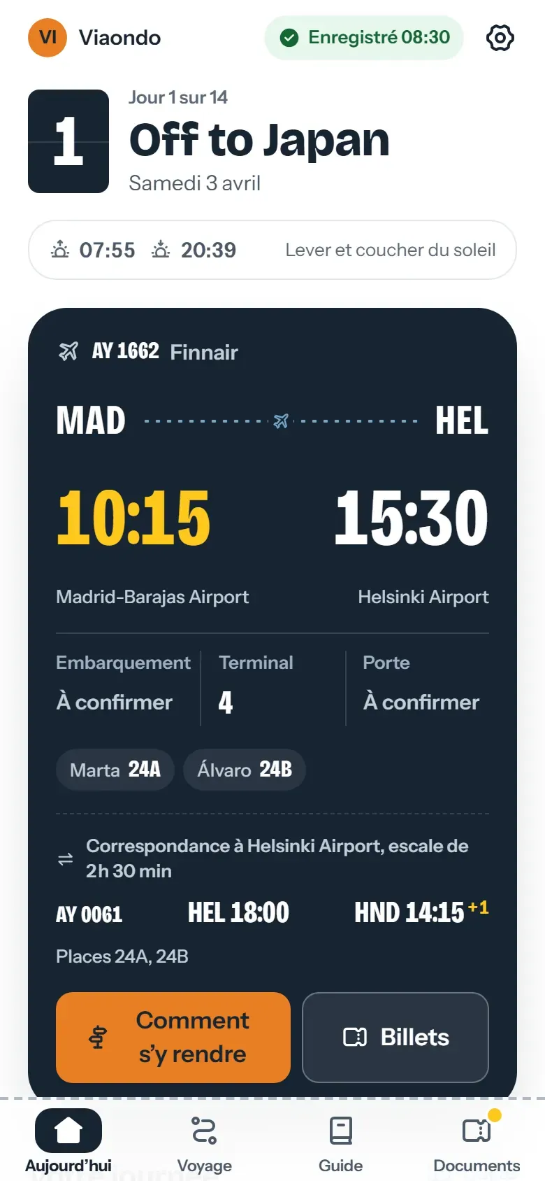 Carte de vol Madrid–Helsinki avec le départ et l’arrivée à l’heure locale de chaque aéroport, le terminal et les sièges